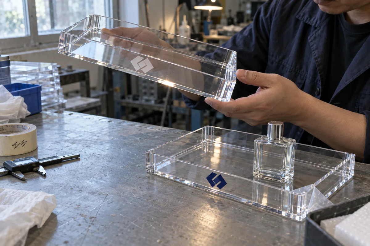 Operator checking a laser-etched frosted logo mark and a silkscreened solid mark on two identical clear acrylic perfume trays at a factory finishing bench, with a glass fragrance bottle placed for a fit check