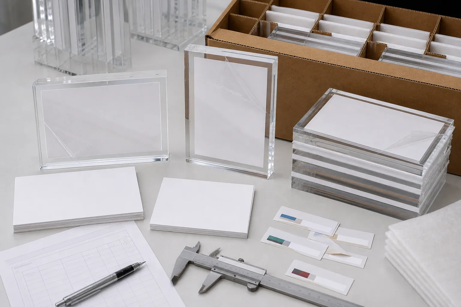 Photo lab picture frames bulk order with clear acrylic frames, print inserts, SKU labels, and protective packing
