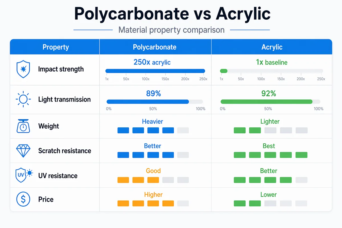 Material property comparison table for polycarbonate and acrylic across impact strength, light transmission, weight, scratch resistance, UV resistance, and price