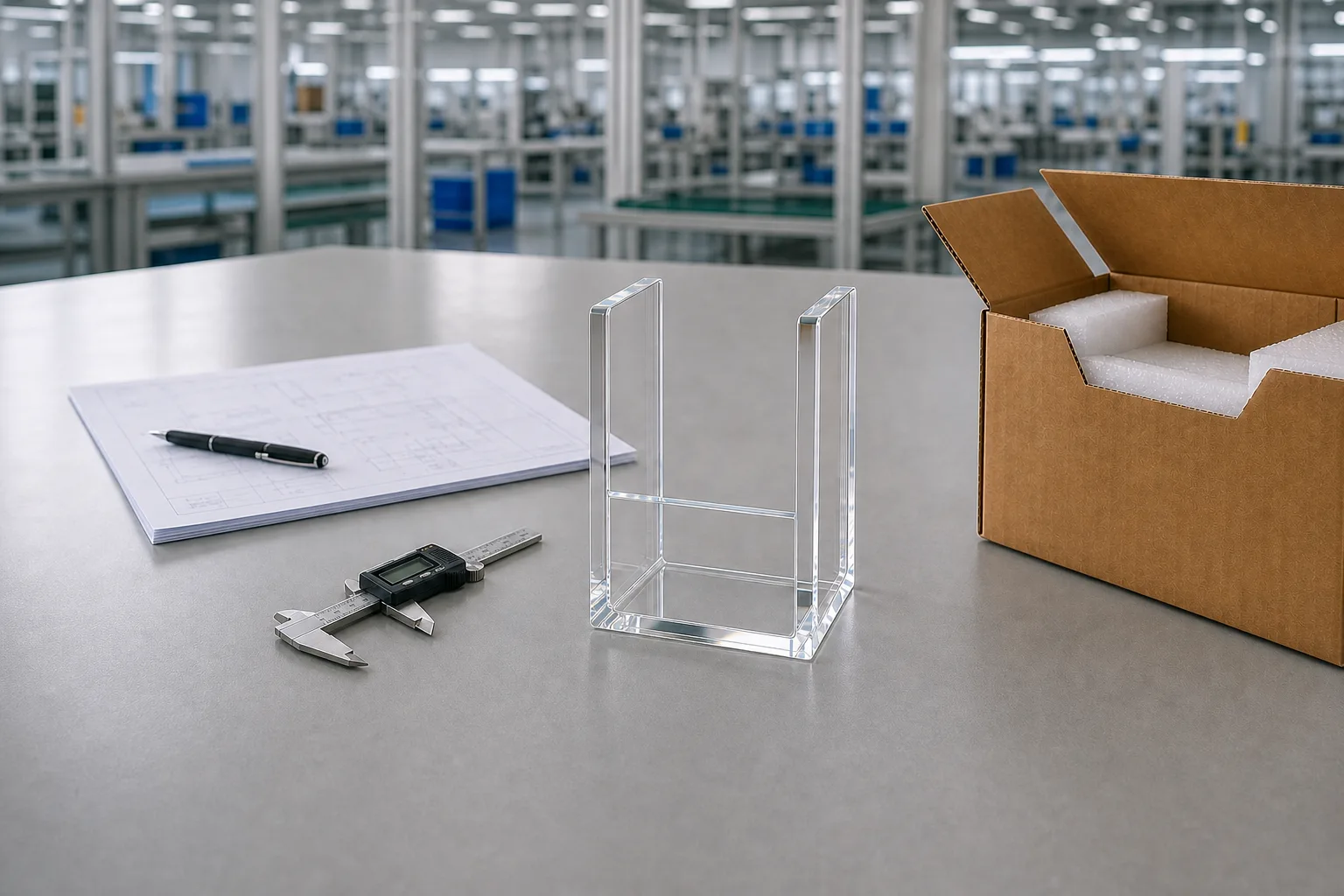 Clear acrylic display sample on a QC inspection bench beside a digital caliper, dimensioned drawing, and an open shipping carton with foam end caps, staged for pre-production sample approval