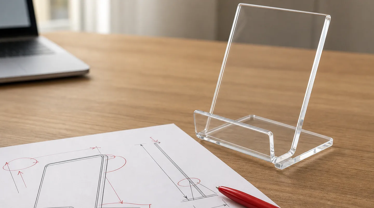 Annotated PDF proof sheet and red pen beside a clear acrylic display stand on an account manager's desk, staged for reseller proof approval before custom acrylic production