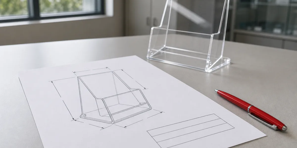 Printed PDF proof sheet with dieline outline drawing, dimension arrows, and blank signature box beside a clear acrylic brochure holder awaiting proof approval before production