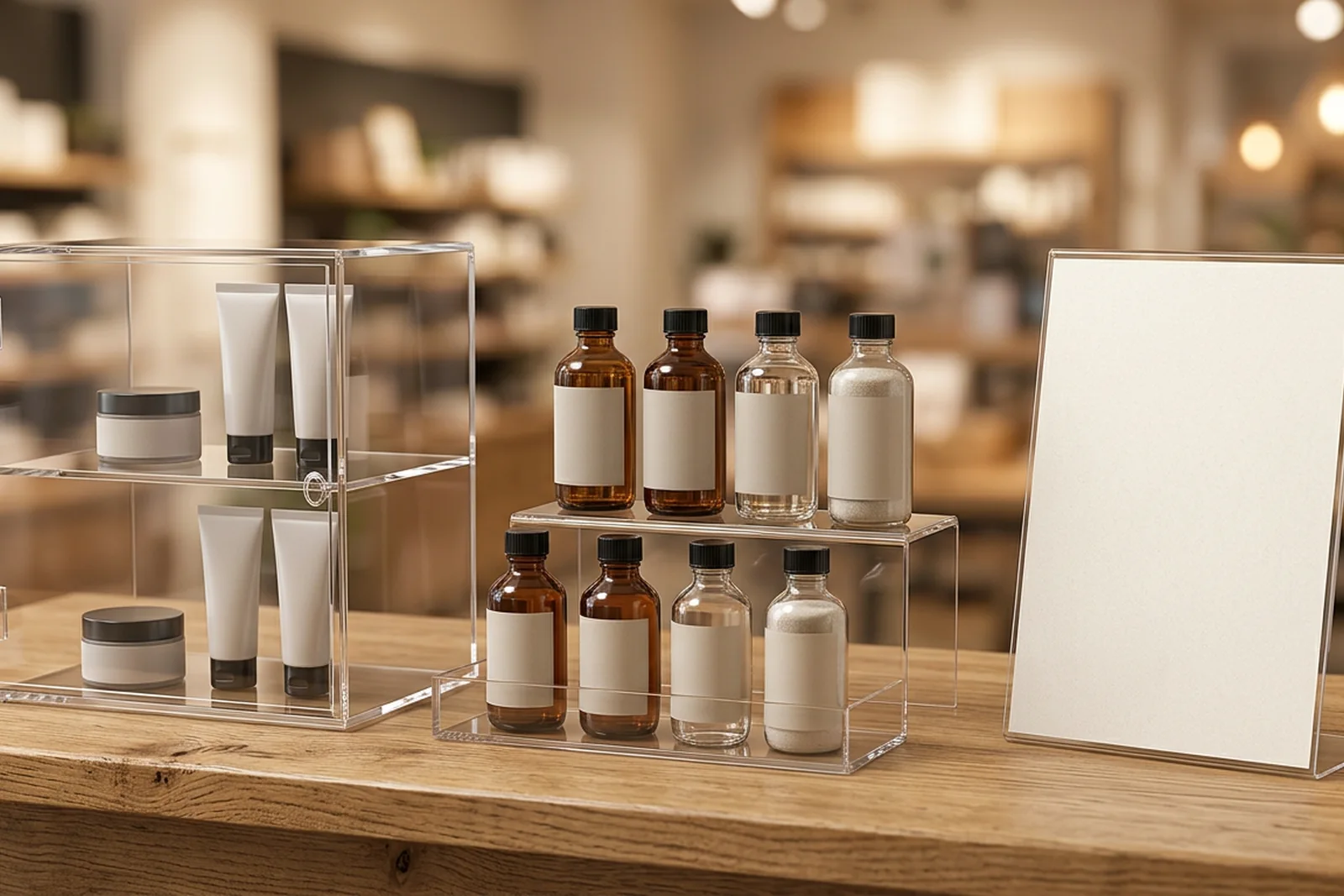 Retail scene showing three clear acrylic (PMMA plexiglass) display types deployed together on a store counter - a countertop showcase, a tiered riser, and a POP sign holder - all unbranded, warm retail lighting.