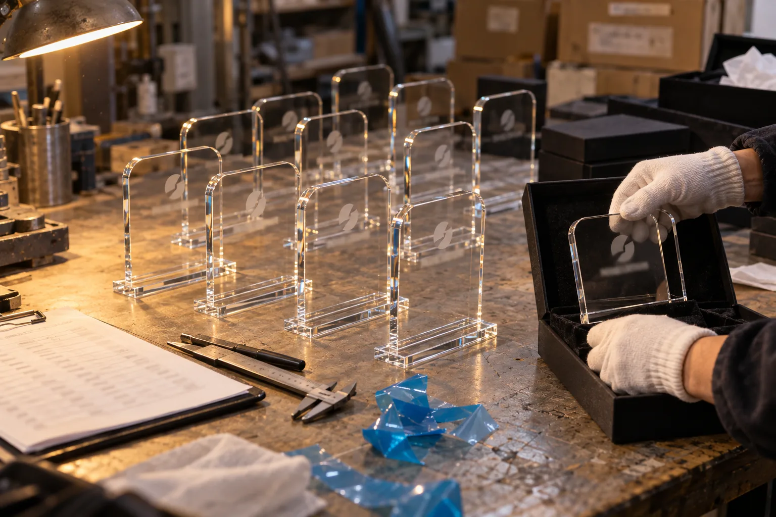 Gloved hands placing a clear acrylic service anniversary award plaque into a velvet-lined box on a factory packing bench, with a batch of identical engraved plaques on slot bases behind