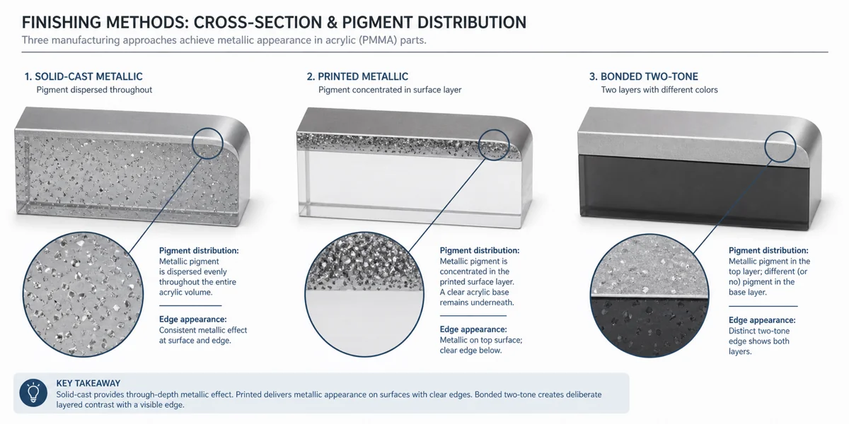 Cross-section comparison of solid-cast metallic acrylic, printed metallic acrylic, and bonded two-tone acrylic — showing pigment dispersion patterns and laminate construction in PMMA specialty finishes