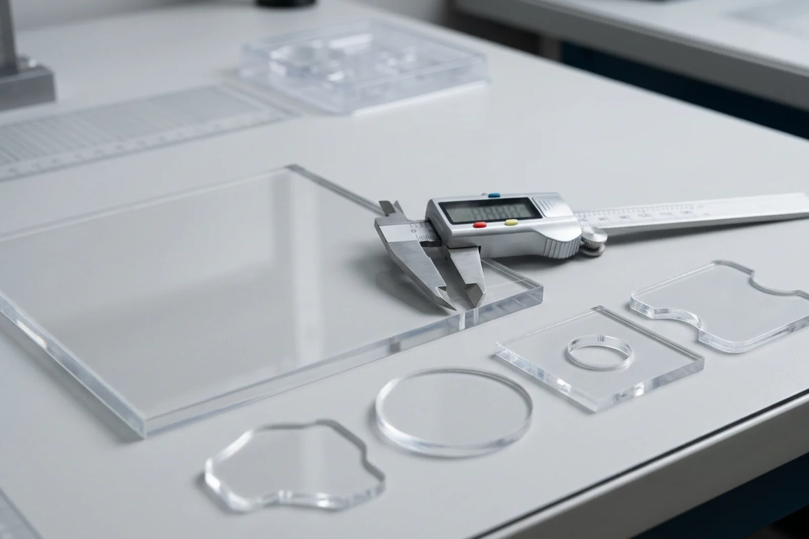 Quality control inspector measuring a custom acrylic panel edge with digital calipers at a supplier audit inspection station, laser-cut acrylic samples arranged on the bench — capability audit in progress