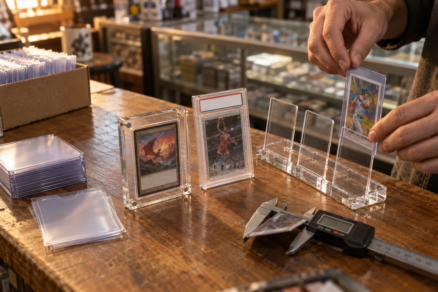 Hand placing a trading card in a magnetic holder into a clear acrylic three-slot card stand on a card shop counter, beside top loaders, an acrylic magnetic card holder, a graded slab and digital calipers