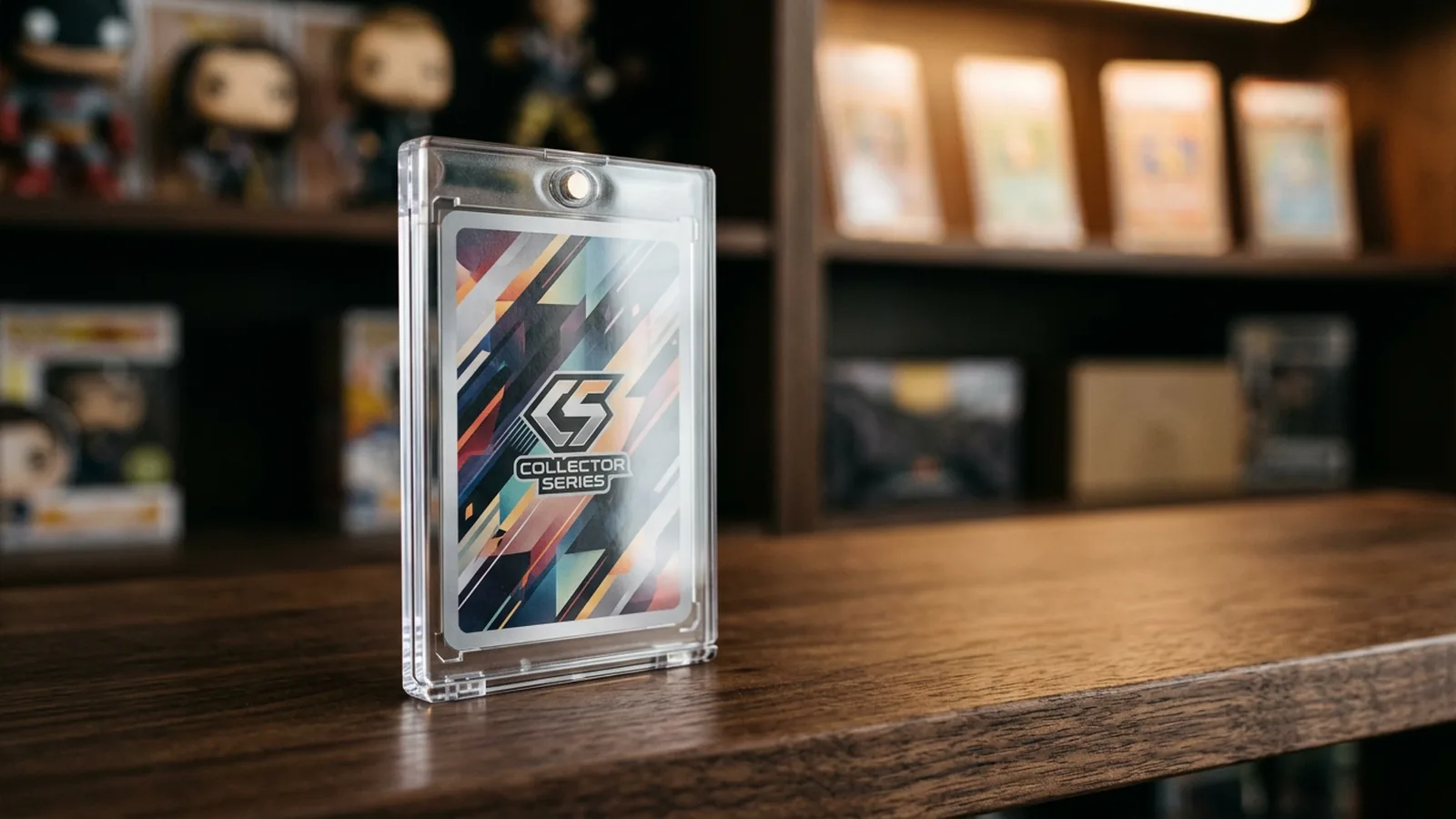 A gallery wall of PSA-graded Pokémon, sports, and Magic trading cards in acrylic display cases