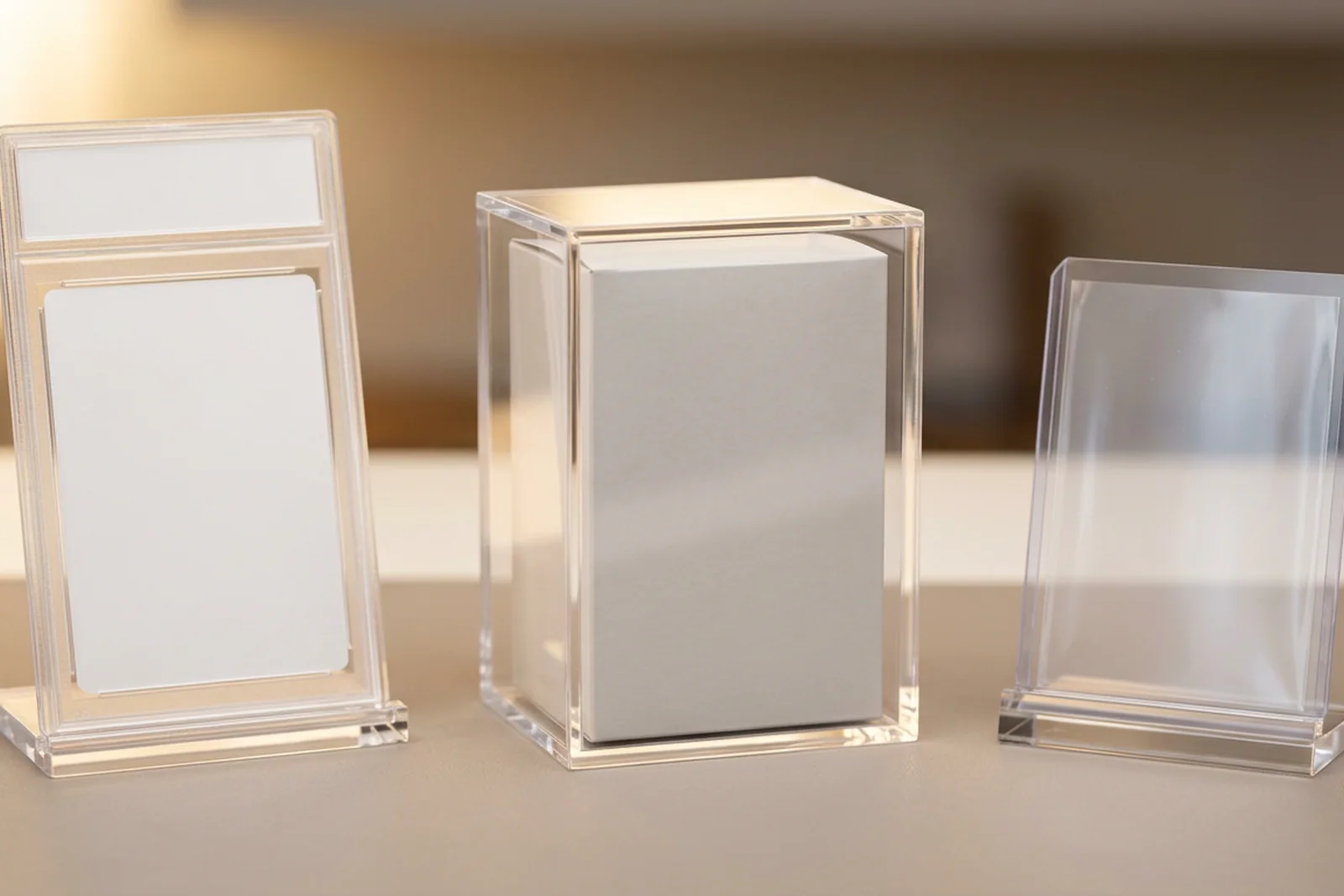 Three clear acrylic (PMMA plexiglass) trading card display types side by side on a neutral collector's desk - a graded slab holder with a generic graded card, a sealed booster-box-sized enclosure, and a sleeve stand with a sleeved card. No actual brand artwork on cards.