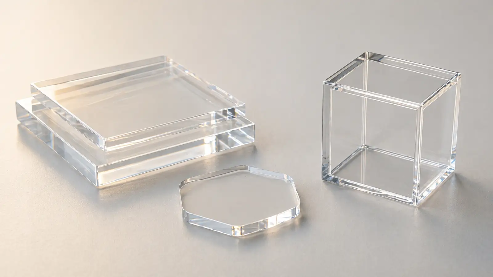 Clear acrylic fabrication still life with PMMA sheet samples, a laser-cut blank, and a finished clear acrylic cube showing polished edges