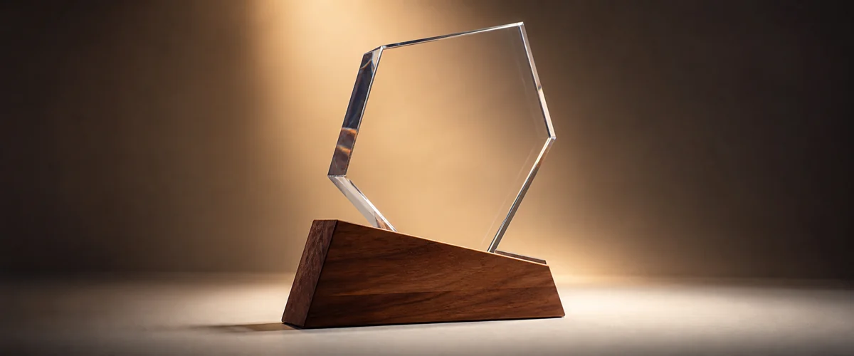 A premium hybrid award with a walnut wood base and faceted clear acrylic upper element under directional spotlight on a neutral surface