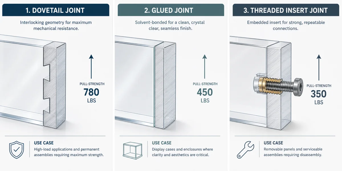 Three joinery techniques shown in cross-section: dovetail interlock with 245 lb pull strength, cyanoacrylate glue line at 130 lbs, and threaded brass insert assembly at 305 lbs