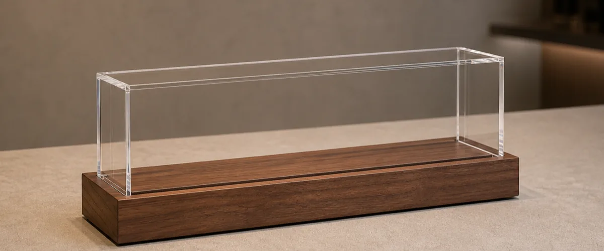 Clear cast acrylic display case seated in a routed solid walnut wood base on a retail counter