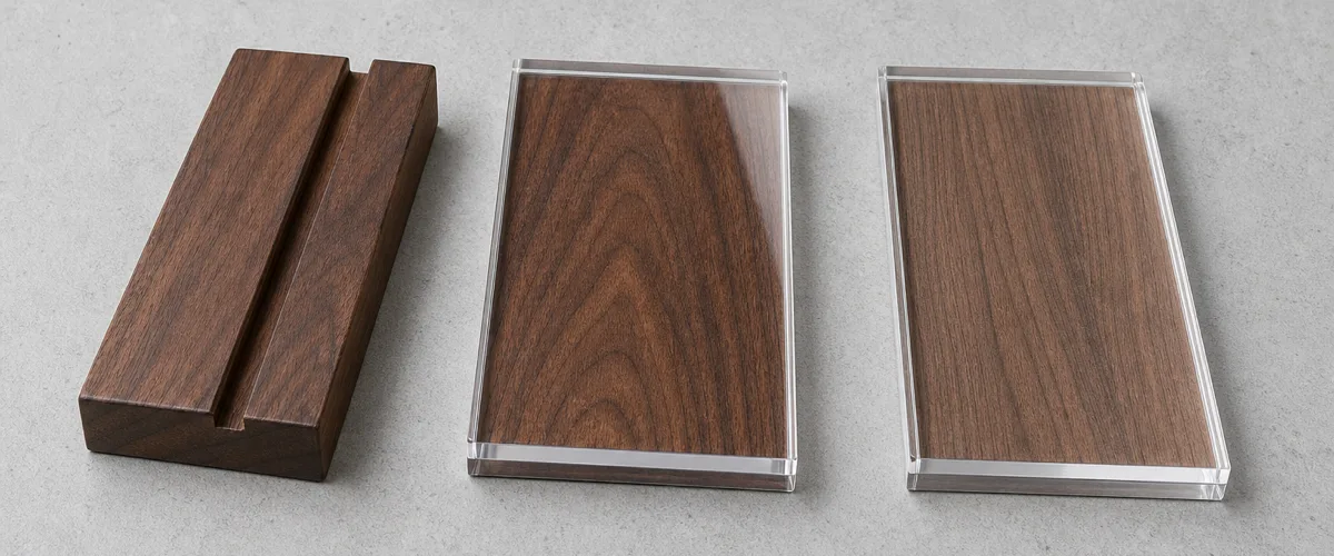 Three samples comparing a solid walnut wood base with routed groove, real wood veneer laminated behind a clear cast acrylic panel, and UV-printed woodgrain on an acrylic swatch