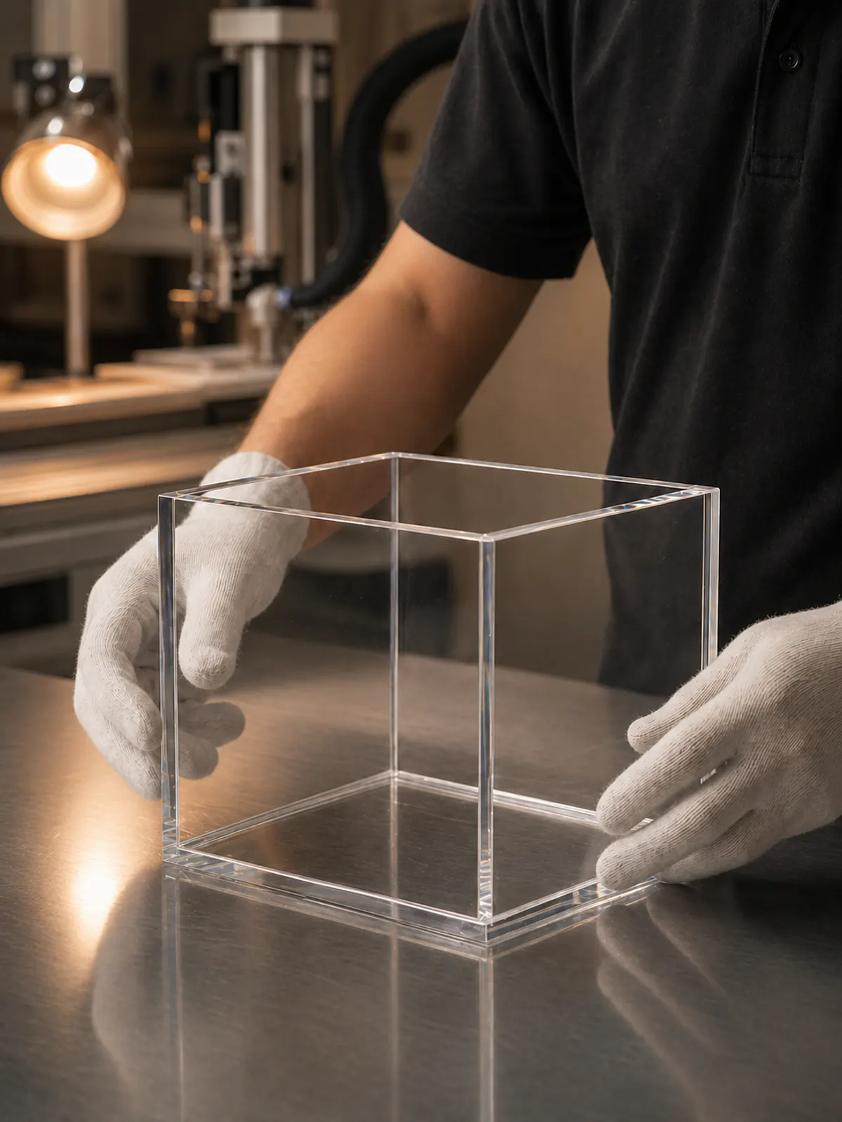 Wetop technician checking the polished edges of a custom acrylic display box on the workbench