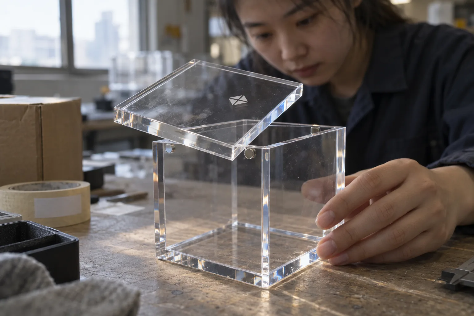Clear acrylic gift box with magnetic lift-off lid, lid resting half open on a factory inspection bench