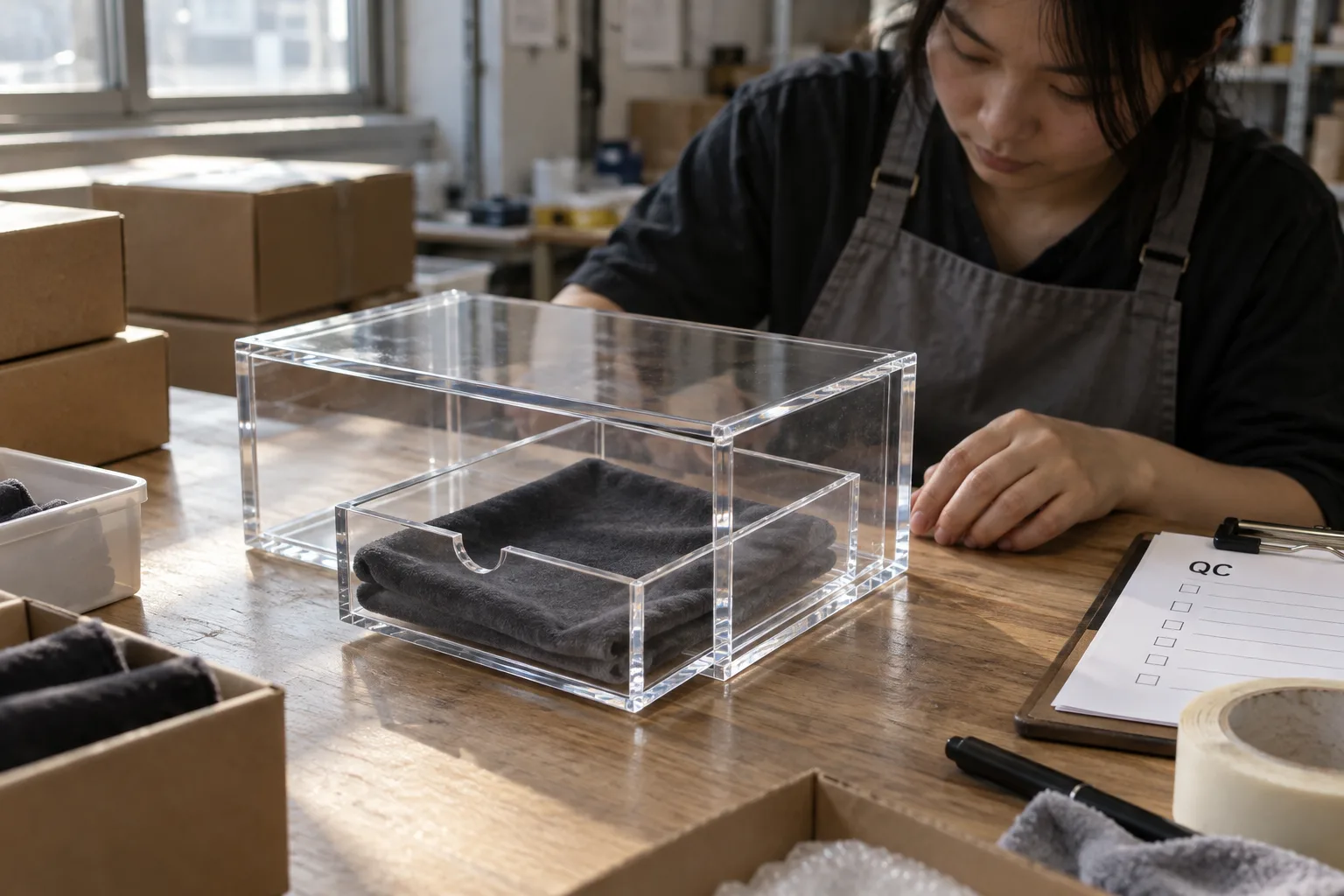 Clear acrylic box with a separate inner sliding drawer pulled partly open, velvet insert inside