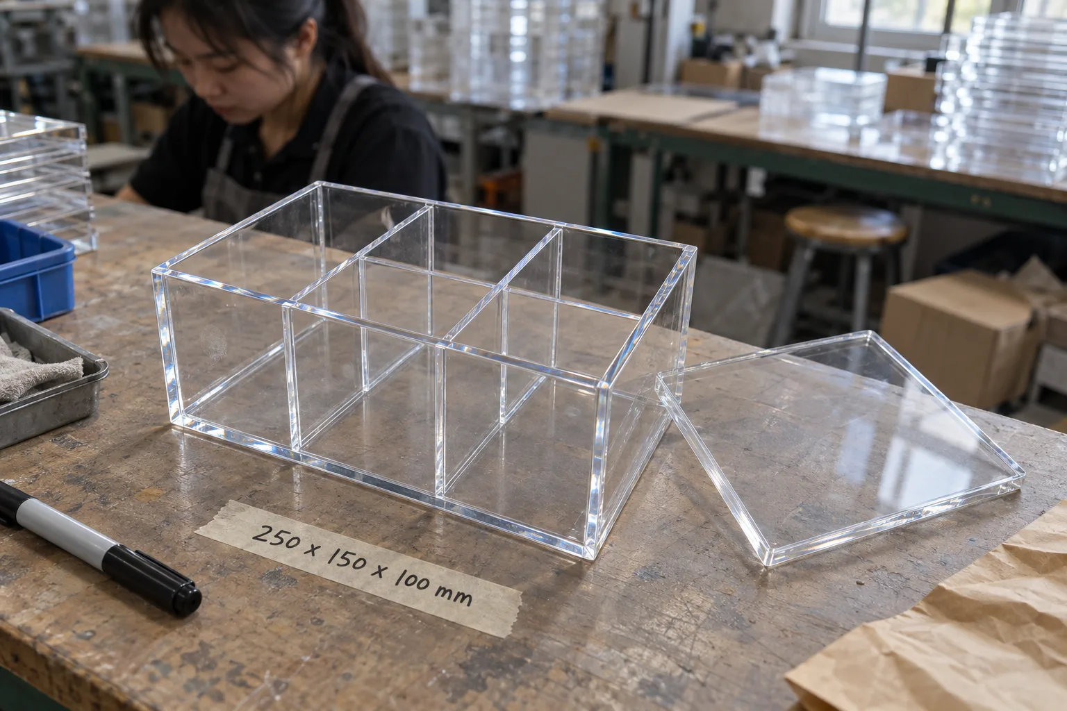 Clear acrylic storage box with a six-compartment bonded divider and lift-off lid set beside it