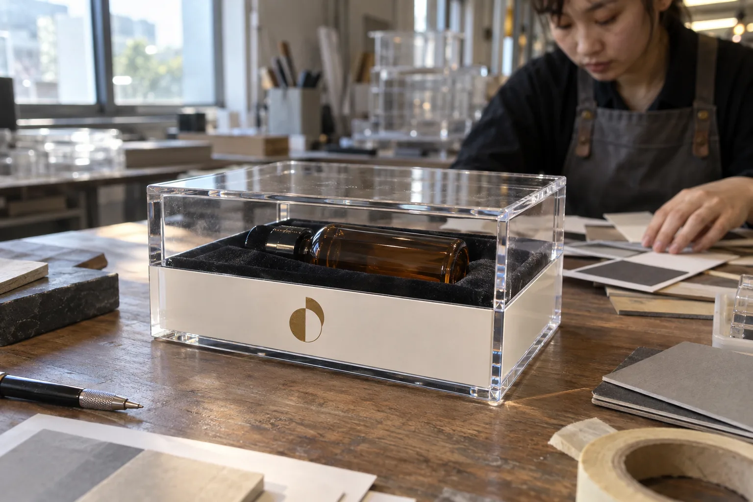 Clear acrylic display box with a UV-printed opaque band and metallic-gold mark, velvet insert holding a plain bottle
