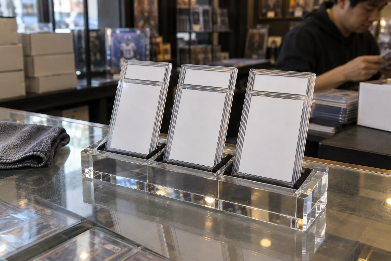 Clear acrylic graded-card slab display block holding three blank slabs in angled felt-lined slots