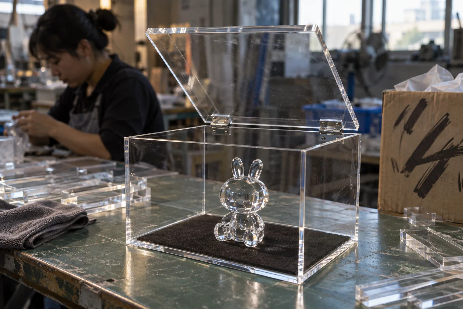 Clear acrylic hinged display case with polished metal hinges and the lid held open