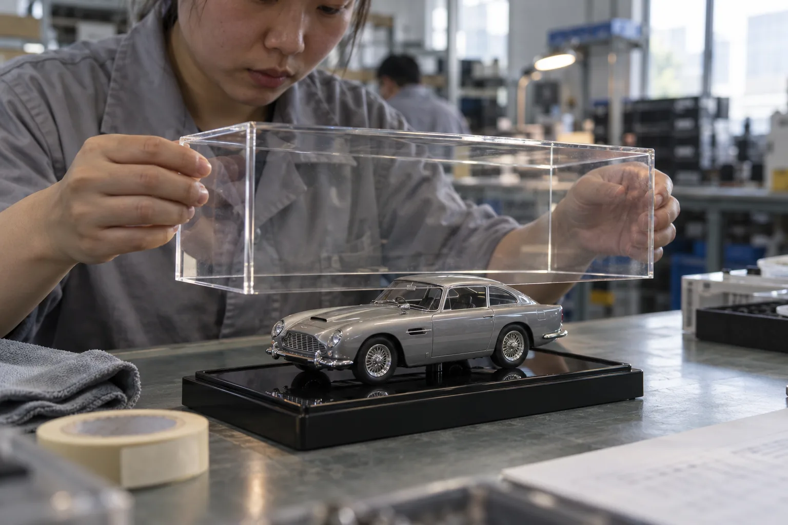 Clear acrylic lift-off display cover being seated onto a black acrylic base holding a model car