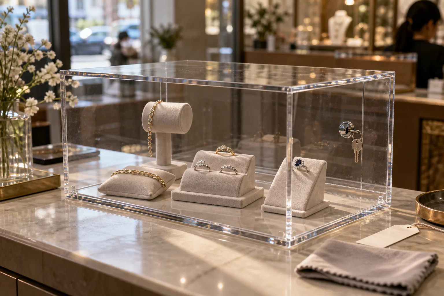 Lockable clear acrylic countertop display case with a chrome cam lock on the sliding rear door