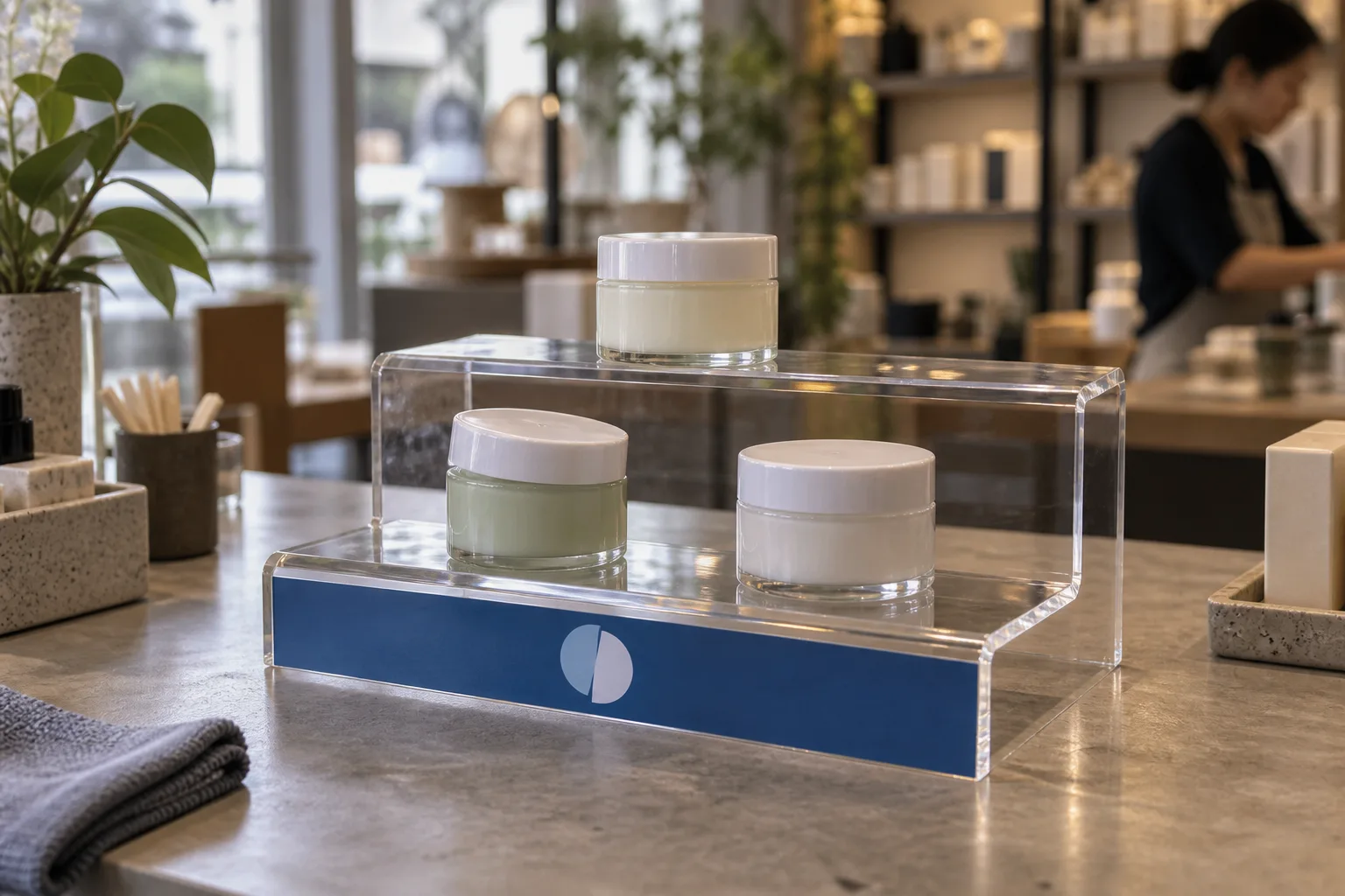 Two-step clear acrylic countertop riser with a UV-printed brand band holding skincare jars