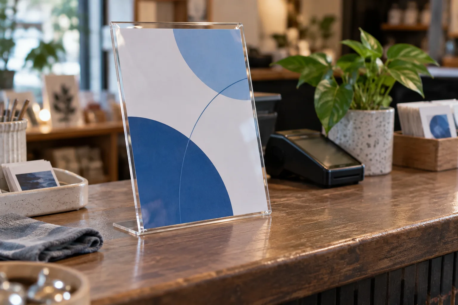 Slant-back clear acrylic sign holder with a printed insert on a shop counter