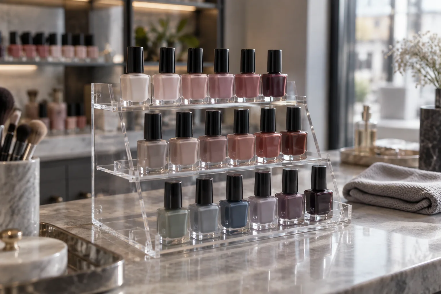 Three-tier stepped clear acrylic countertop display holding nail-polish bottles