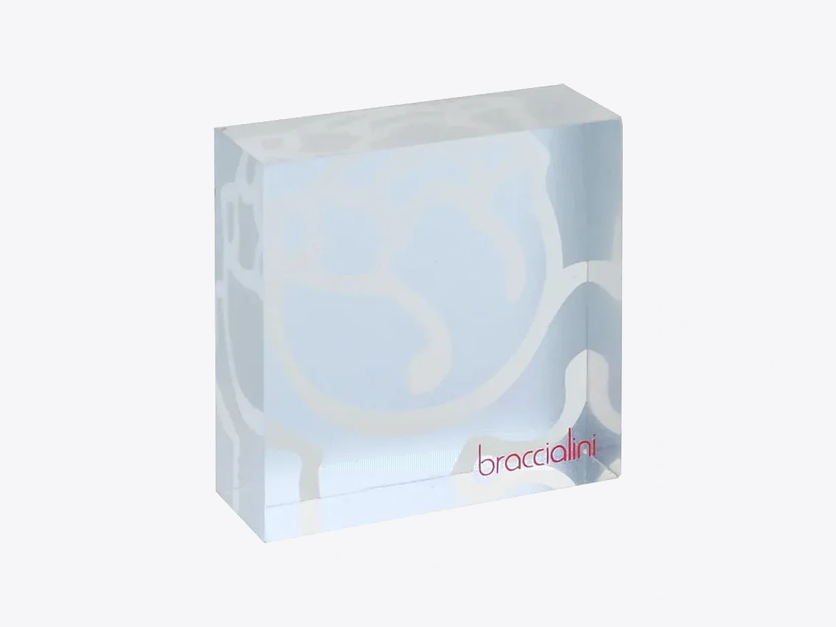 Custom acrylic POS block with printed branding