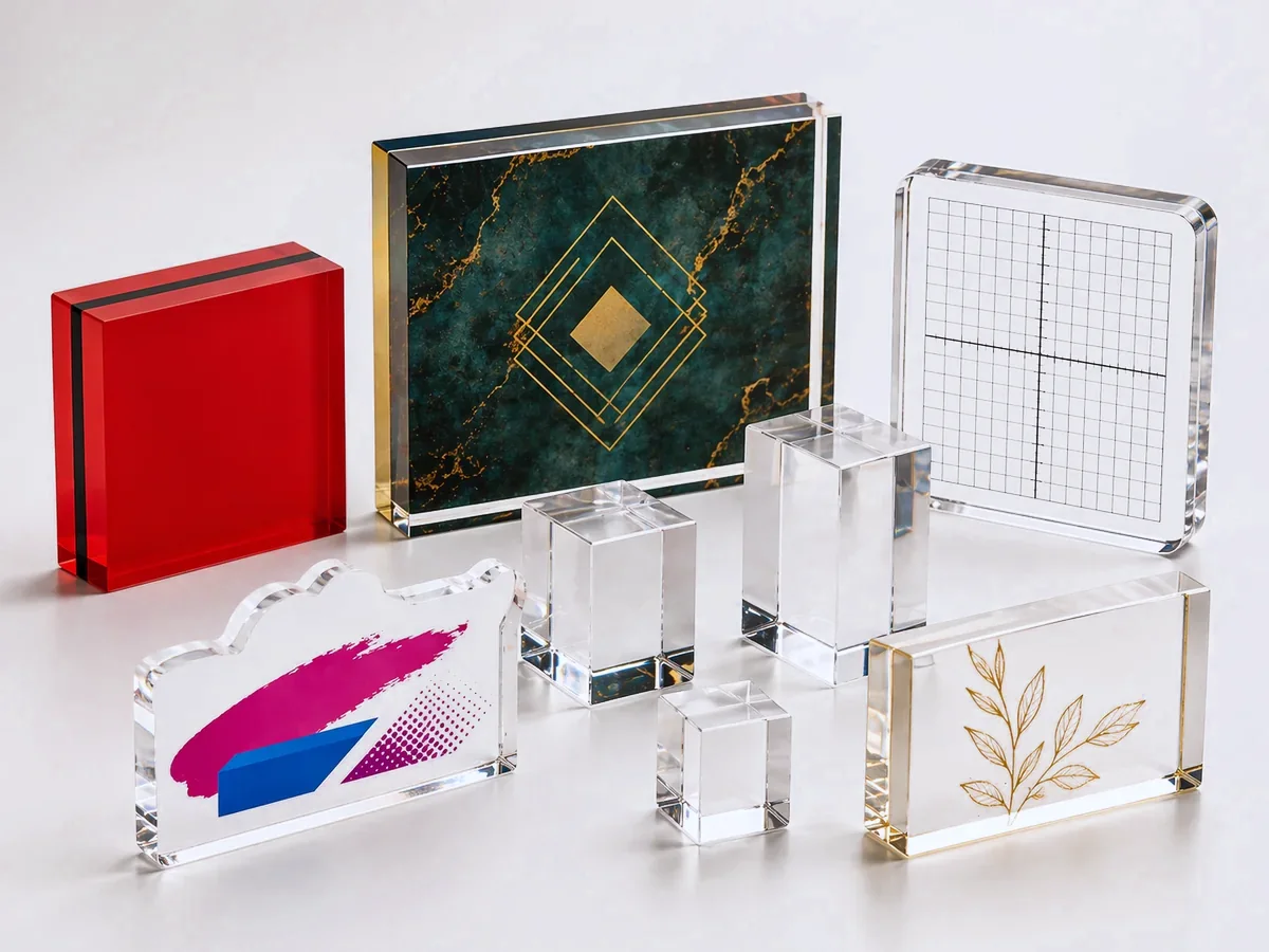 Custom acrylic blocks for embedments and stamp mounting