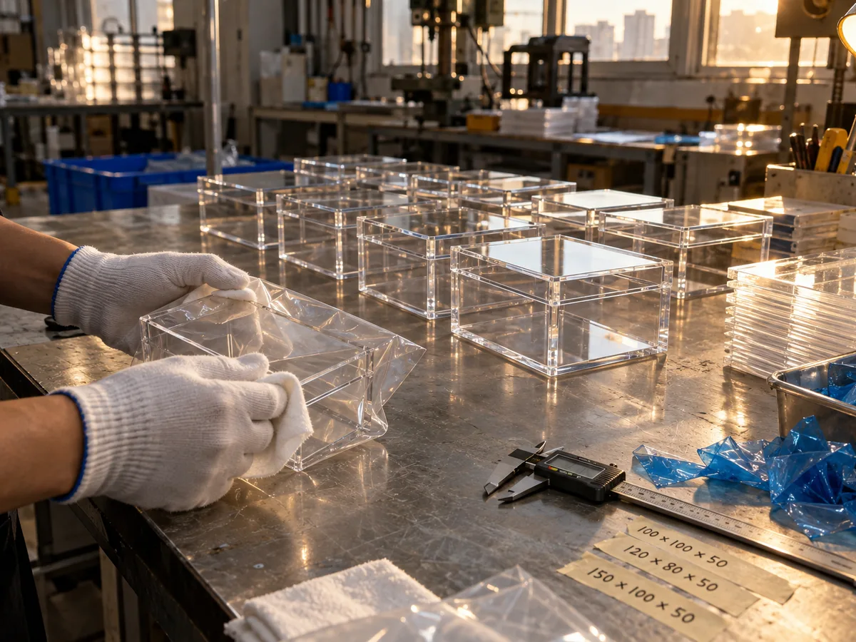 Worker bagging clear acrylic boxes on a factory bench, a row of finished boxes and size labels behind
