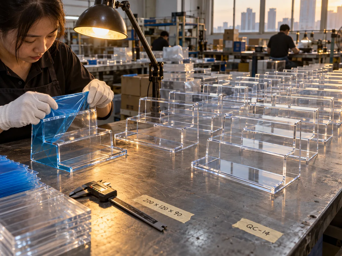 Worker peeling protective film from a clear acrylic two-step display riser, a production run of risers lined up on the bench