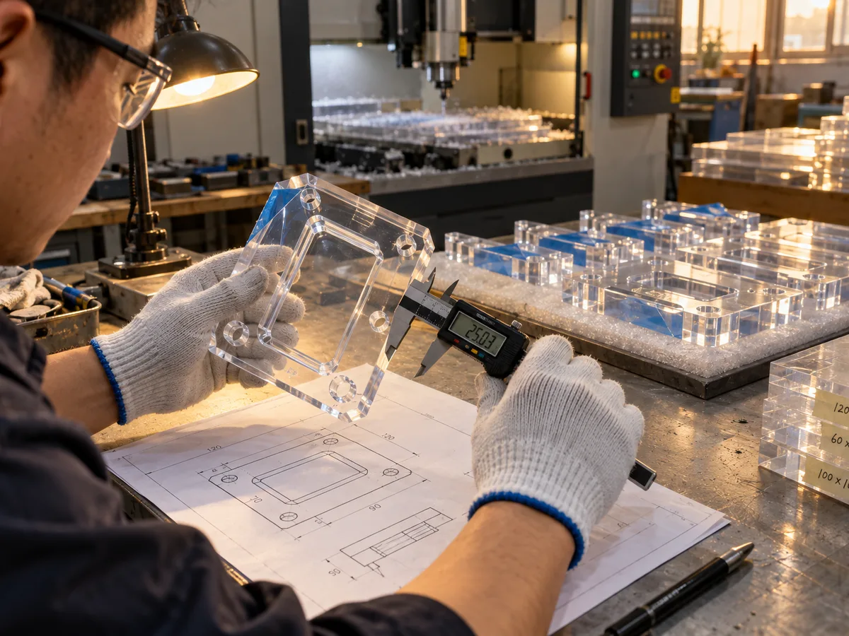 Technician checking a CNC-cut clear acrylic part against its drawing with a digital caliper, production batch on the bench behind