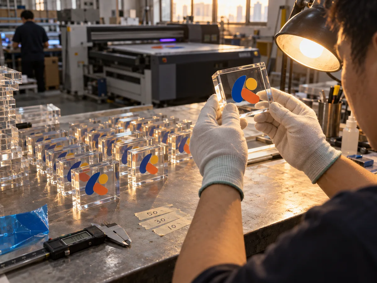 Technician inspecting a clear acrylic logo block with a UV-printed mark, a run of printed blocks on the bench and a UV printer behind