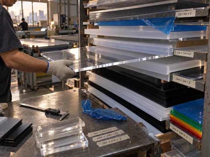 Worker pulling a clear cast acrylic sheet from a rack of clear, frosted, black and colored sheet labeled by size