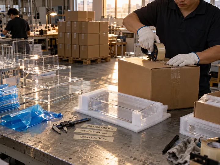 Worker taping an export carton while clear acrylic boxes sit in foam trays with size labels on the bench