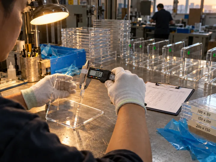 Inspector measuring a clear acrylic stand with a digital caliper beside a checklist, inspected pieces lined up behind