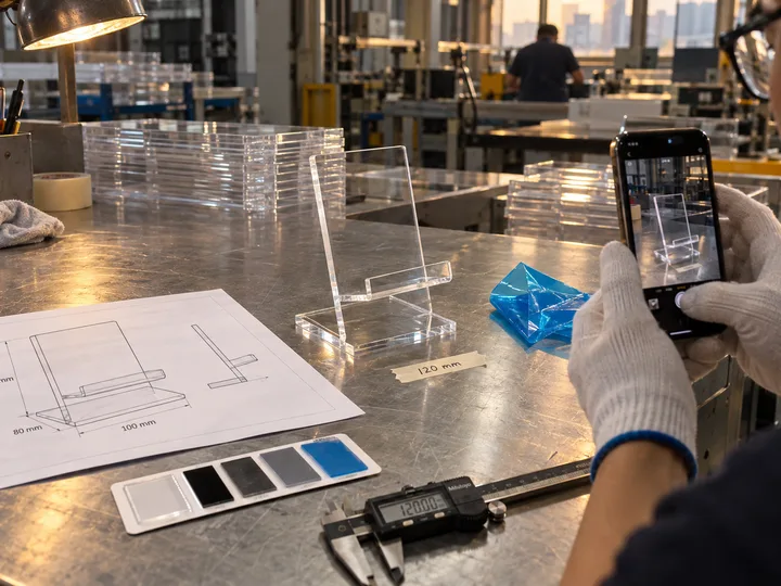 Technician photographing an approved clear acrylic sample next to its drawing, caliper and color chips