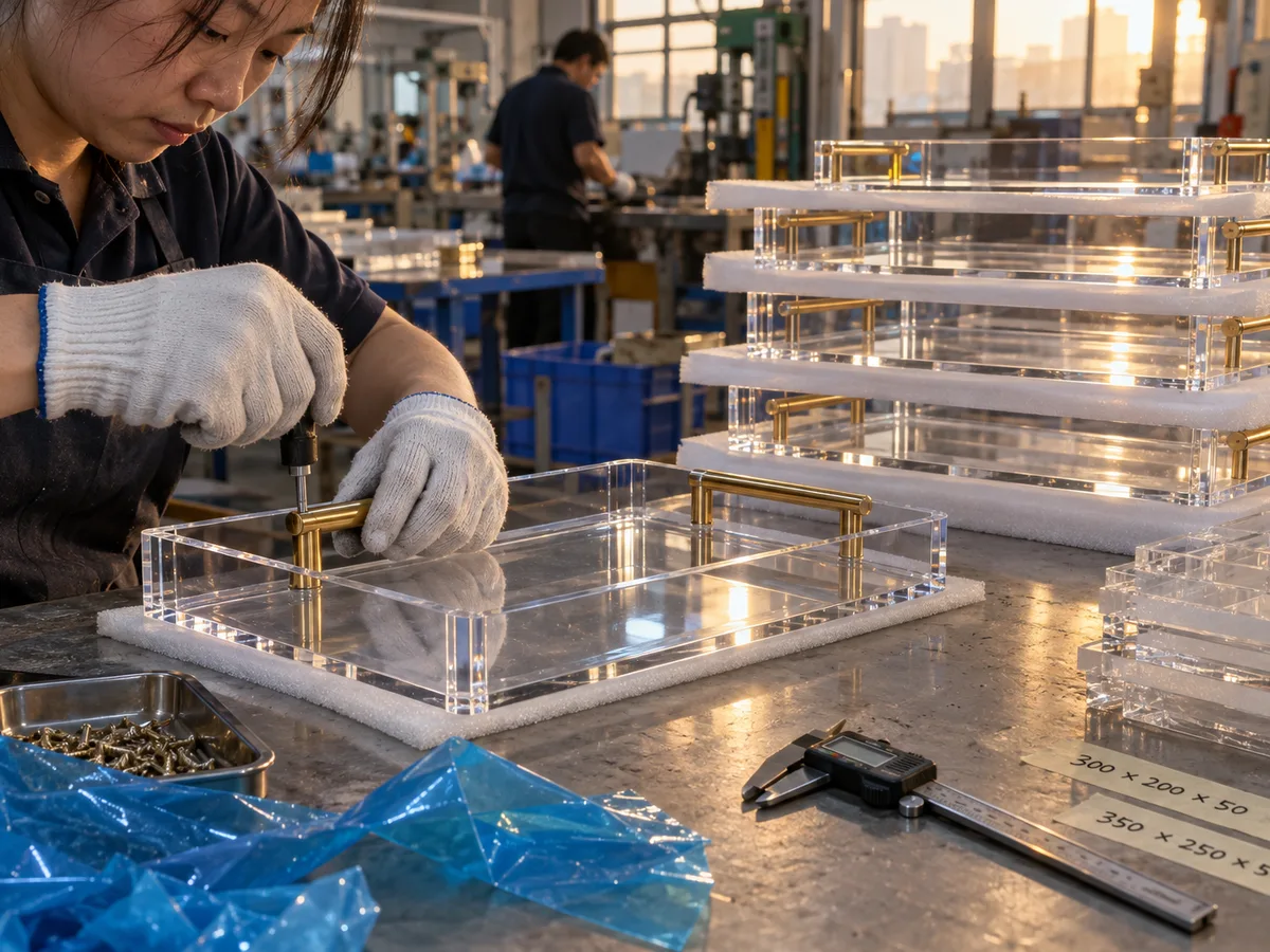 Worker fitting brass handles to a clear acrylic serving tray, finished trays stacked on foam behind