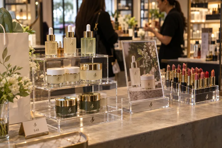 Clear acrylic riser, sign holder and lipstick tray with one skincare brand's mark, holding serums, creams and lipsticks on a cosmetics store counter