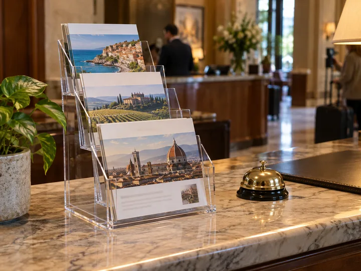 Three-pocket tiered clear acrylic brochure holder with leaflets on a hotel concierge desk