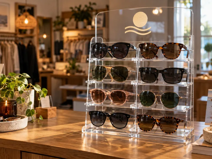 Clear acrylic countertop sunglasses display with a printed header panel on a boutique counter