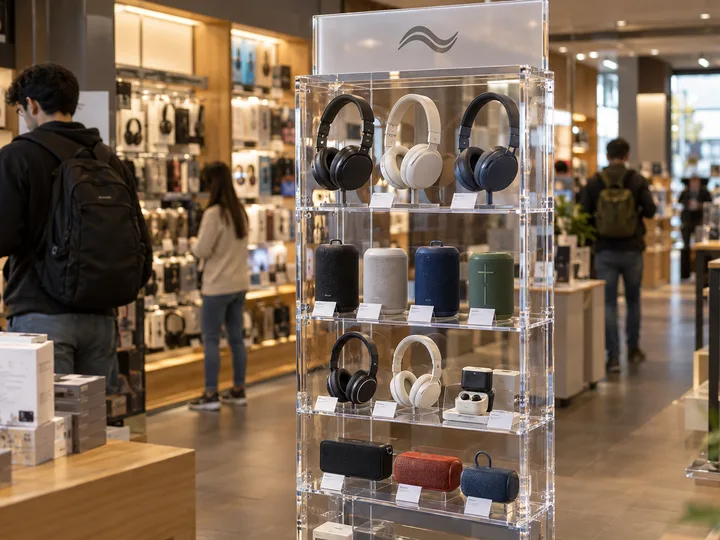 Floor-standing clear acrylic display tower with a printed header holding headphones and speakers in a store aisle