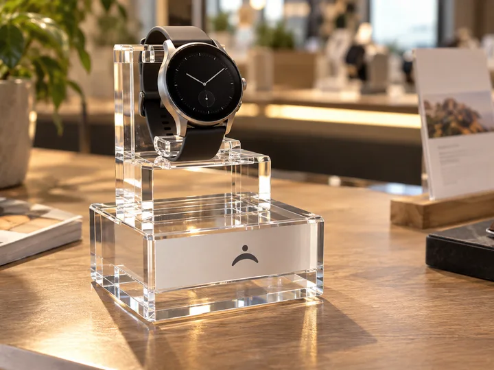 Clear acrylic stand with a cut-out cradle holding one smartwatch on a store counter