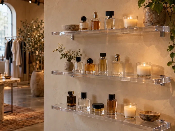 Wall-mounted clear acrylic shelves holding perfume bottles and candles in a boutique