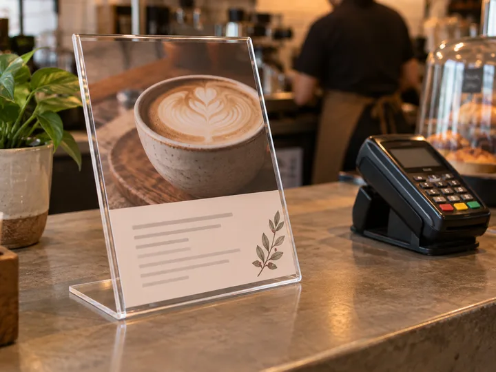 Slant-back clear acrylic sign holder with a printed insert on a café counter