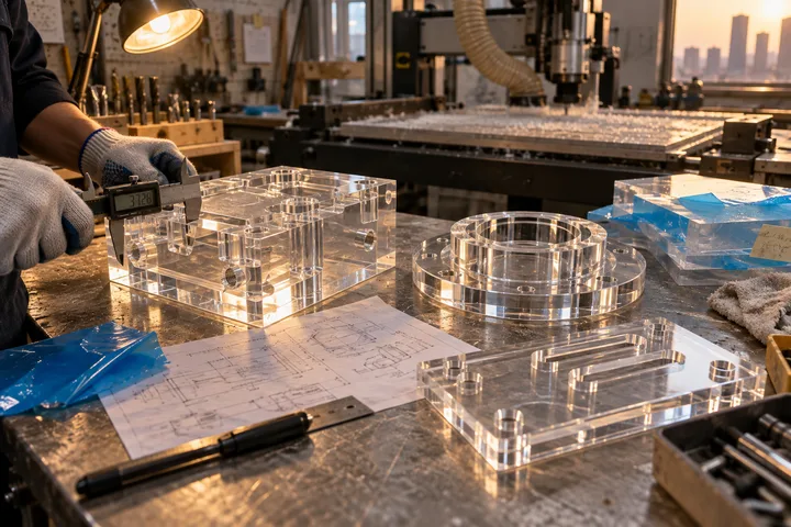 CNC-machined clear acrylic parts with milled pockets and tapped holes beside their technical drawing and a digital caliper