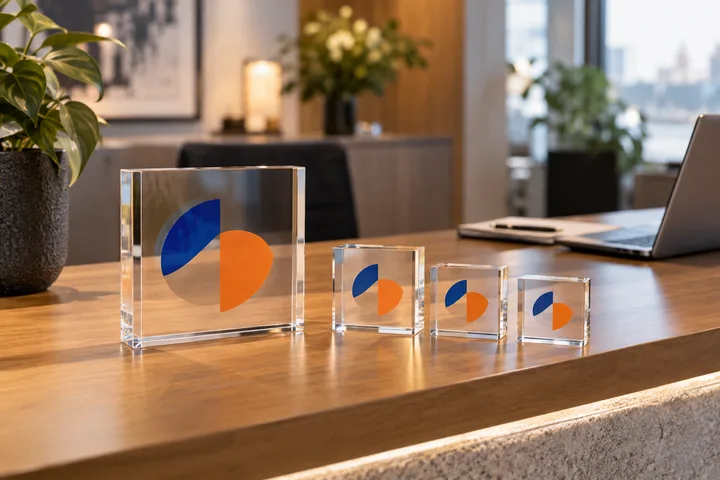 Clear acrylic logo blocks UV-printed with a company mark, with diamond-polished edges, on an office reception desk